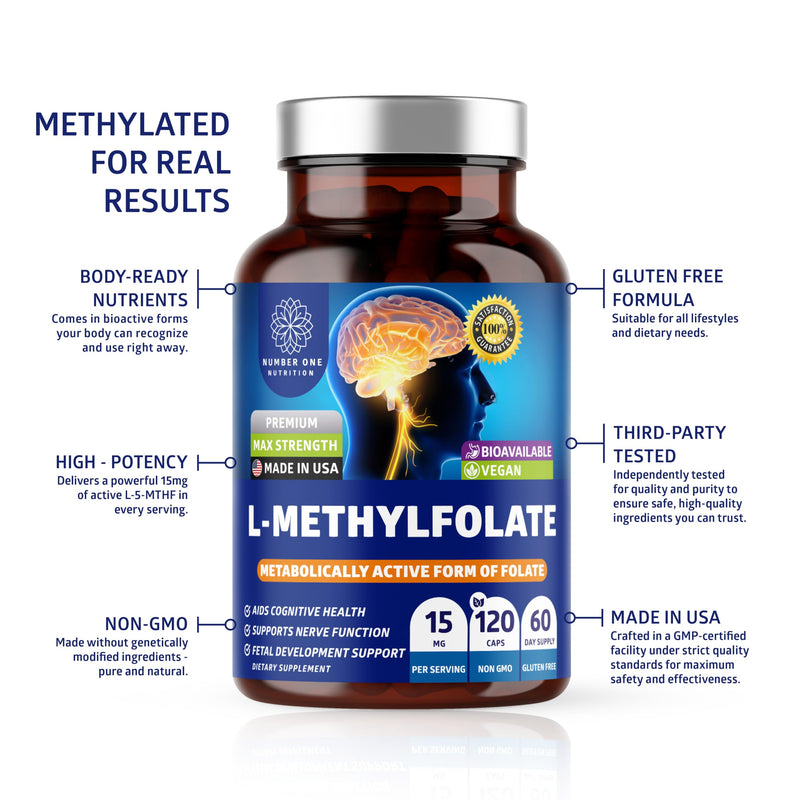 Number One Nutrition Premium L-Methylfolate 12.75MG, Extra Strength 5-MTHF Active Methylfolate Supplement for Energy and Cognitive Support, Gluten-Free and Non-GMO, 120 Capsules