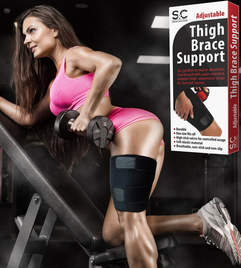 Adjustable Thigh Brace Support, Quadriceps Support and Thigh Wraps for Men and Women. Unisex Breathable Neoprene Non-Slip Hamstring Compression Sleeve S/M (16-26")