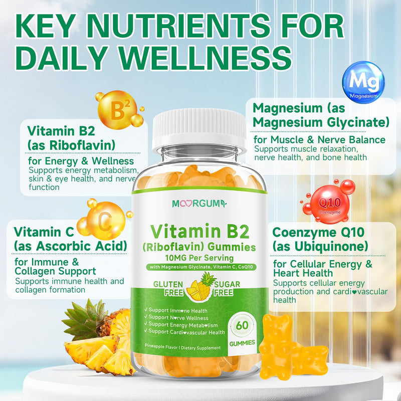 Vitamin B2 Gummies, 10mg Riboflavin Supplement for Kids & Adults, with Magnesium Glycinate, CoQ10 and Vitamina C, for Women and Men, Energy, Immune Wellness & Cellular Health Support, 60 Count 60 Count (Pack of 1)