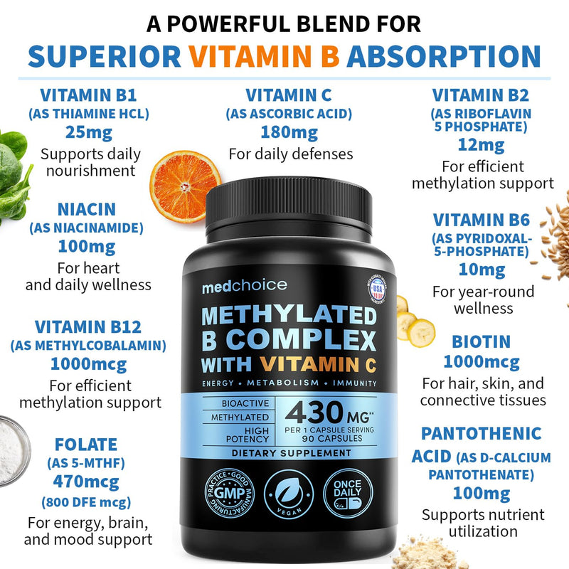 9-in-1 Vitamin B Complex - Methylated Multivitamin with B12 Methylcobalamin, Methylfolate, L-5-MTHF & Vitamin C - Methylated B Complex for Women & Men - Non-GMO, Gluten-Free, & Vegan (180 Servings) 90 Count (Pack of 2)