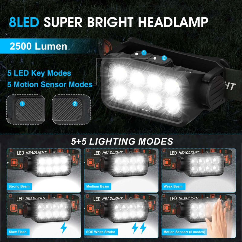 Rechargeable Headlamp Flashlight, 8 LED 2500LM Ultra-Light Bright Headlight with Motion Sensor, Waterproof Lightweight Head Lamp for Adult Kid, 2-Pack Headlamps for Outdoor Camping Running Fishing Orange - BeesActive Australia