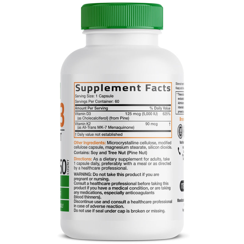 Bronson Vitamin K2+D3 Vegan 2 in 1 Support Vitamin K2 As MK-7, 60 Capsules | Vegan 2-in-1 Immune, Bone & Heart Health Support Formula, Gluten Free, Non GMO 60 Count (Pack of 1)