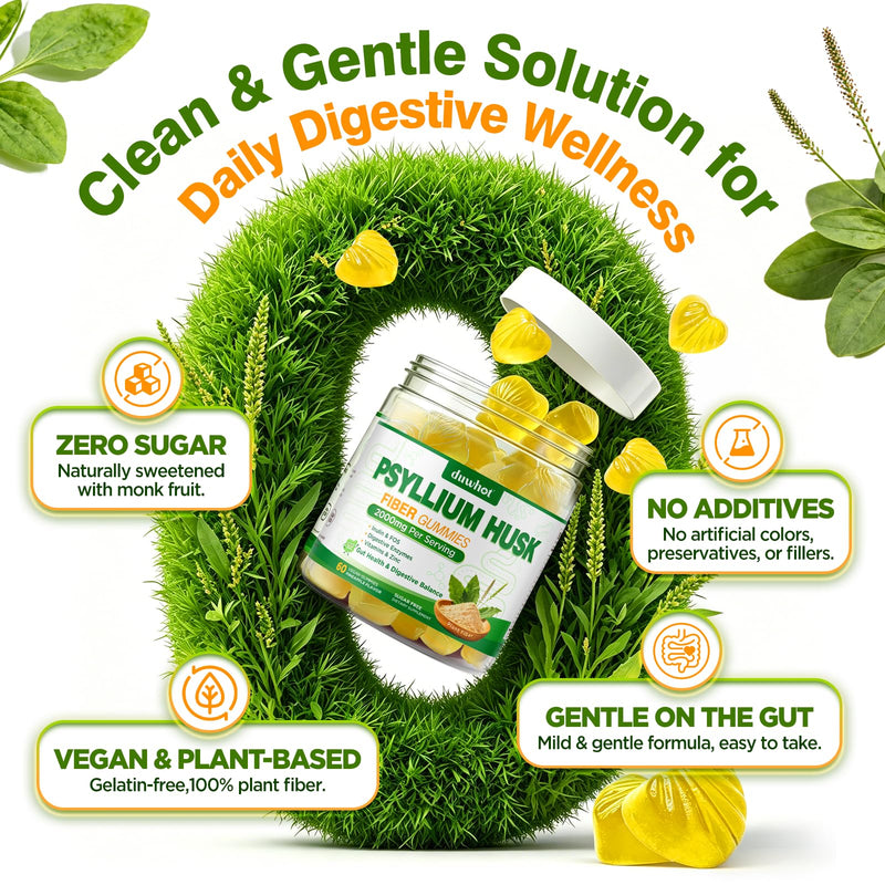 Psyllium Husk Gummies for Adults, 2000mg Psyllium Husk Fiber Supplements | With Acacia Fiber, Inulin & FOS, Digestive Enzymes for Gut Health & Regularity, Vegan, Sugar Free, Pineapple, 60 60 Count (Pack of 1)