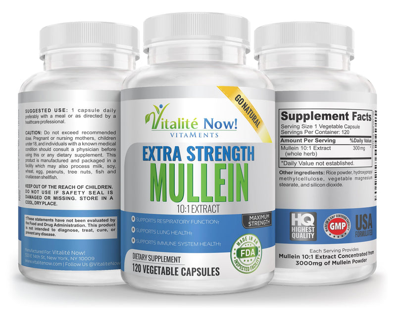 Vitalité Now! Extra Strength Mullein Capsules 100% Whole Herb 10:1 Extract | Respiratory & Immune Health, Lung Cleanse, Gluten Free, Non-GMO, 120 count, 4 month supply, Made in the USA