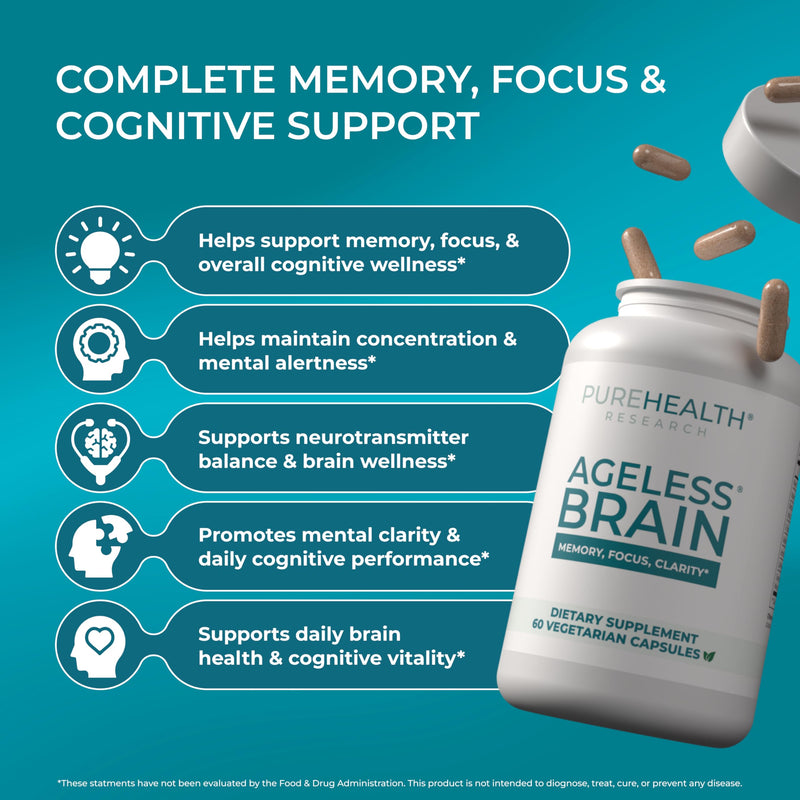PUREHEALTH RESEARCH Ageless Brain - Supplements for Memory and Focus | Nootropic Brain Health Supplement - with Bacopa Monnieri, Alpha GPC, L-Tyrosine, Vitamin B6, Niacin & More - 60 Capsules