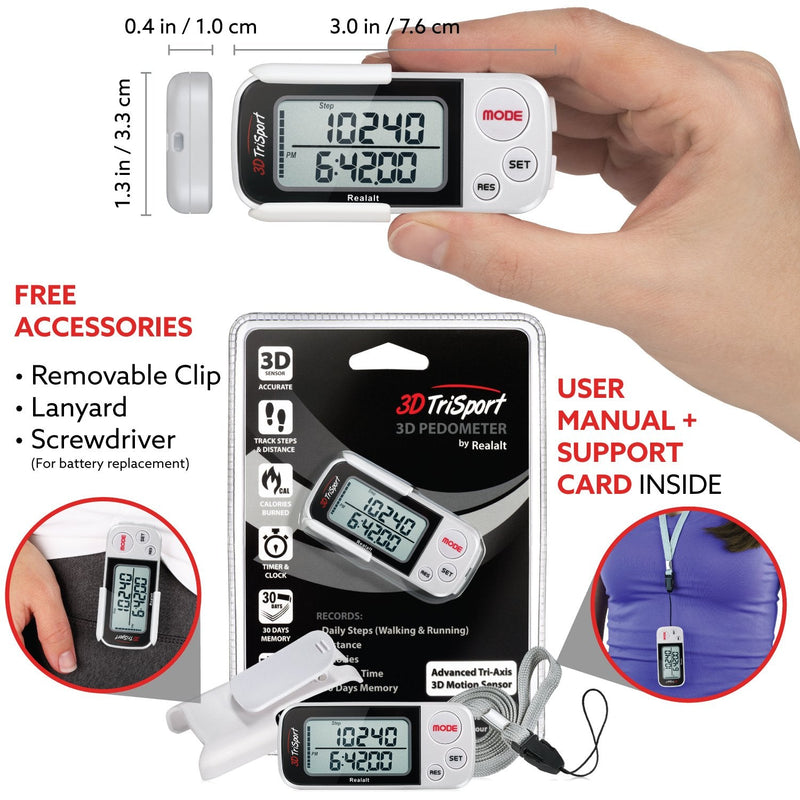 Realalt 3DTriSport 3D Walking Pedometer with Clip & Strap, Accurate Step Counter with 30-Day Memory, Distance in Miles/KM with Large Display Perfect for Seniors & Beginners, eBook Included One Size White