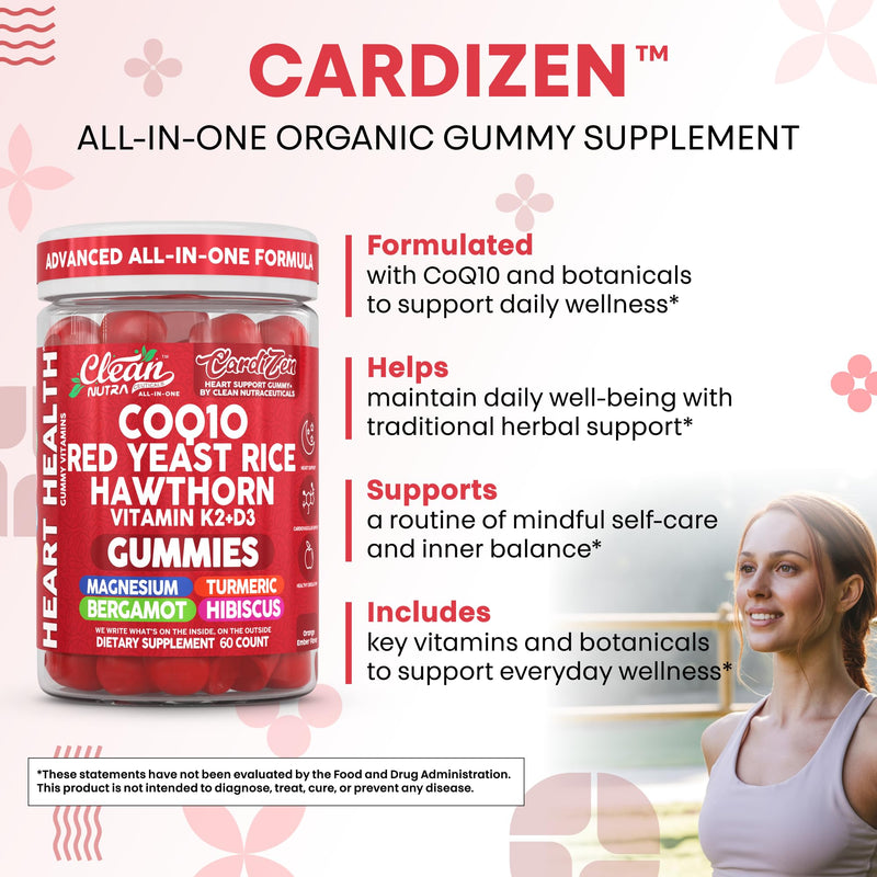 Clean Nutra CoQ10 Gummies Red Yeast Rice Hawthorn K2 Vitamin Supplement Magnesium Glycinate Turmeric Citrus Bergamot Hibiscus VIT D K Fenugreek Garlic Supplements Heart Support Gummy 60ct