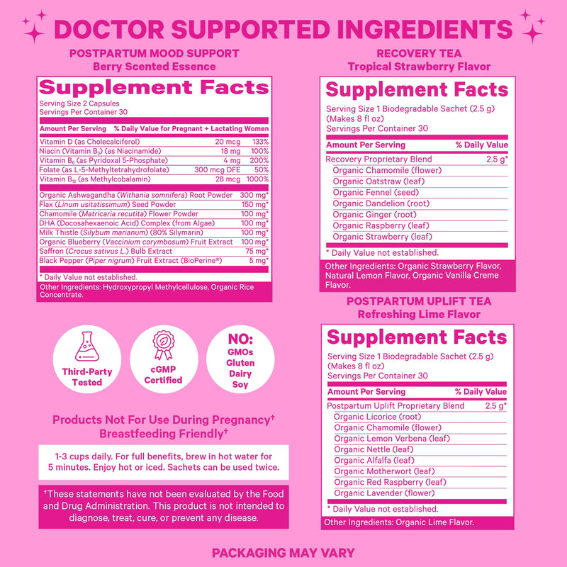 Pink Stork Postpartum Essentials Kit for New Moms - Mood Support | Hormone Balance & Recovery, Postnatal Vitamins with Ashwagandha, Herbal Teas for Stress, Energy & Sleep, Vegan