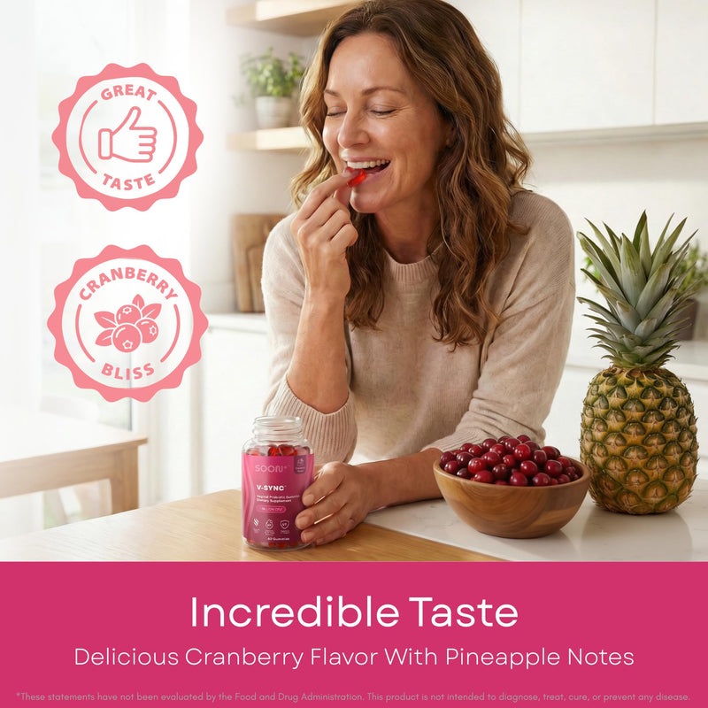 SOON+ Feminine Balance Gummies for Women, V-Sync Pineapple Probiotics | For pH Balance Support, Vaginal, Urinary, Immune, Digestive Wellness with Bacillus Coagulans, Cranberry, VitaminC, 60 Gummies