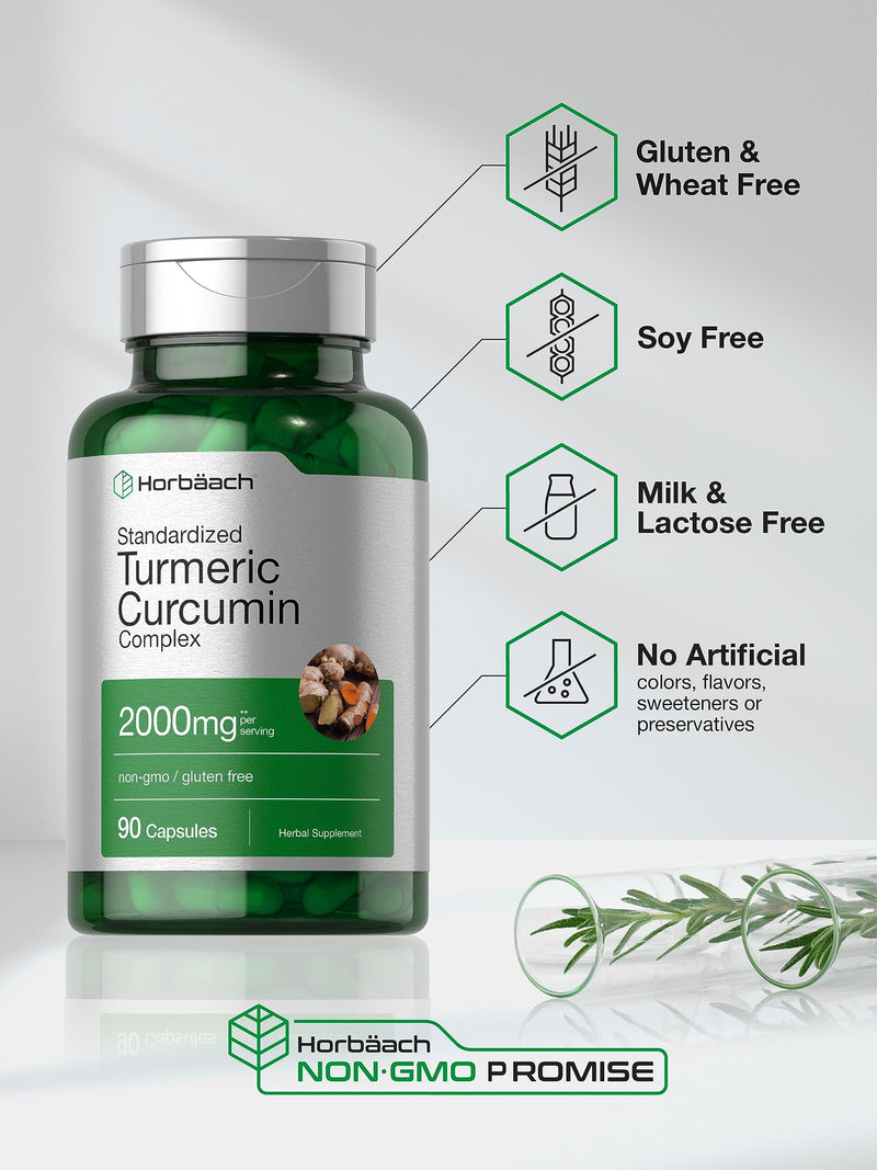 Horbäach Turmeric Curcumin with Black Pepper 2000mg | 90 Capsules | Complex Supplement with Bioperine | Non-GMO, Gluten Free - BeesActive Australia