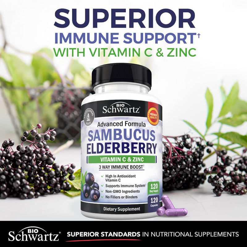 Elderberry Capsules with Zinc and Vitamin C for Adults, 120 Count | Immune Support Supplement for Women and Men, Black Sambucus Elderberry with Vitamin C and Zinc, Immune Defense Multiminerals 120 Count (Pack of 1)
