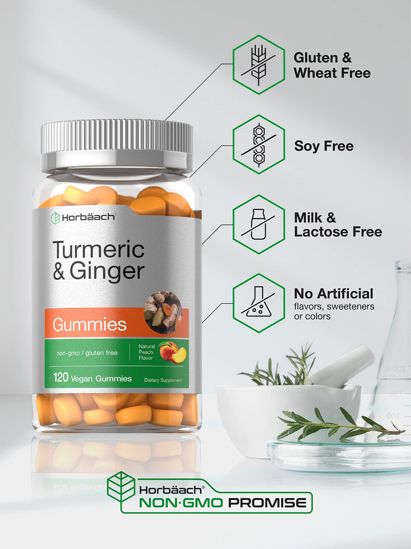 Horbäach Turmeric and Ginger Gummies | 120 Count | Peach Flavor | Vegan Non-GMO & Gluten Free Supplement - BeesActive Australia