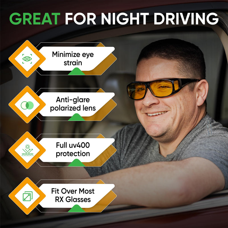 Official Night Driving Glasses with Glarecut Technology. Polarized Yellow Lenses Anti Glare Night Driving Glasses for Driving At Night, Black - BeesActive Australia