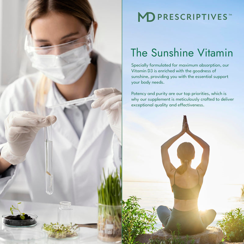 MD Prescriptives Vitamin D3 180 Gelcaps - Maximum Absorption for Strong Bones, Muscle & Immune Support, Non GMO Vegetarian Softgels, 125 mcg (5,000 IU)