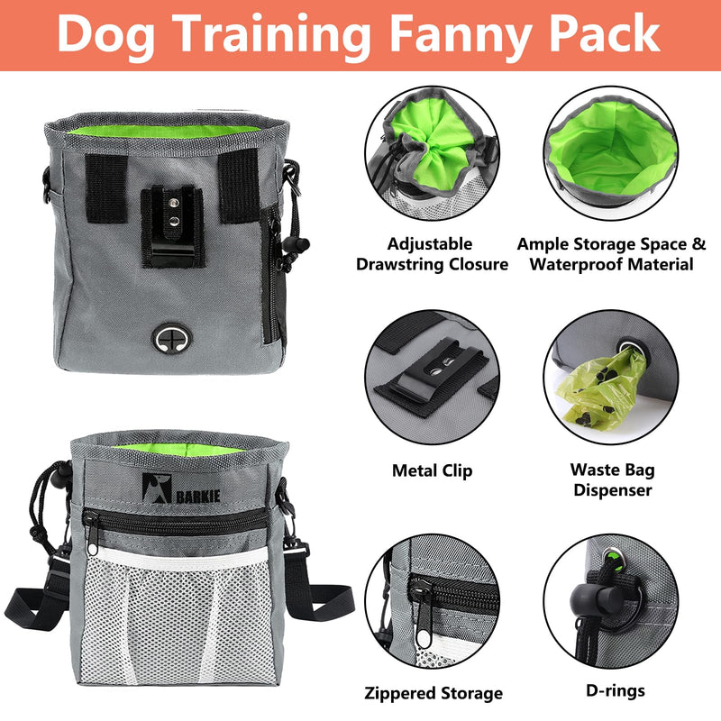 BARKIE Dog Training Kit - Treat Pouch, Pet Training Fanny Pack, 2 Puppy Training Clickers, Ultrasonic Silent Whistle, 2-in-1 Whistle Clicker, Clicker Training Guide Booklet, Dog Poop Bag (Grey) Grey - BeesActive Australia