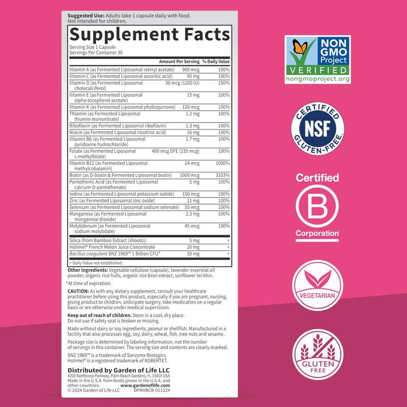 Garden of Life Dr Formulated Multi+ Beauty Complex Fermented Liposomal Multivitamin Plus Hair Skin and Nails Vitamins, French Melon SOD, Biotin & Probiotics, 30 Capsules, Supplement for Women & Men