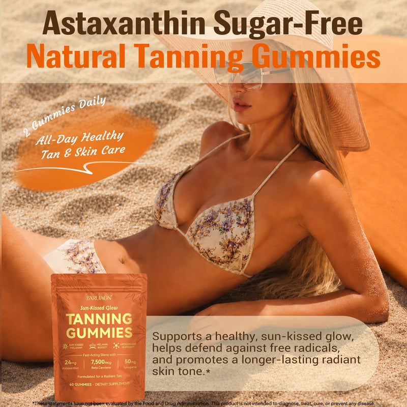 Tanning Gummies, Sunless Tanning Supplement for Women and Men, with Beta Astaxanthin, Carotene, Lycopene, Collagen & Vitamins | Skin Radiance & Hydration | Vegan & Sugar Free - 60 Count Orange