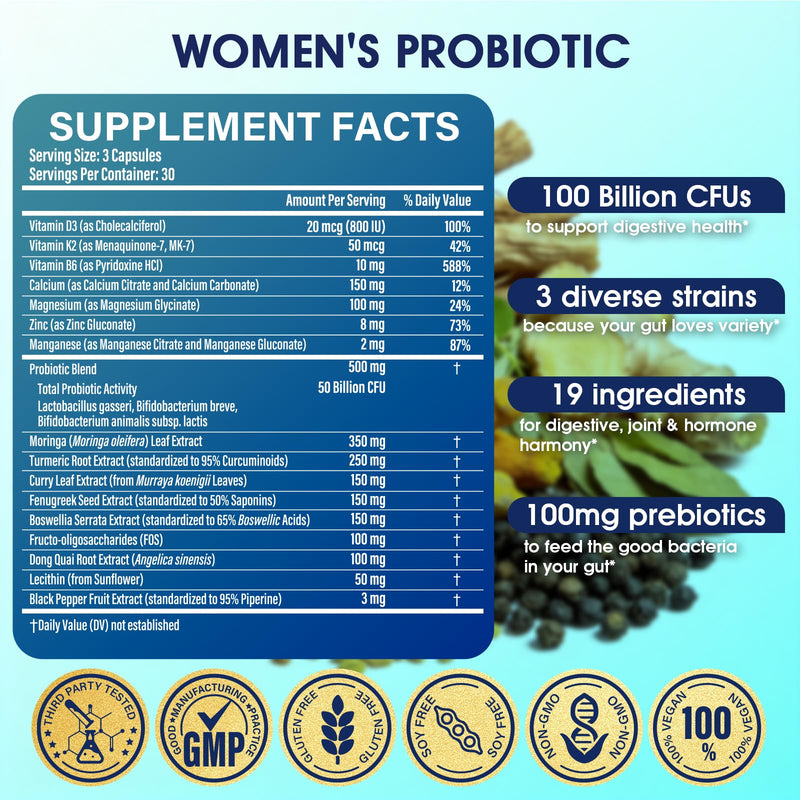 Probiotics for Women – Menopause, Digestive & Gut Health Support with 100 Billion CFU, FOS Turmeric, Moringa, Curry, Boswellia Serrata, Vitamins & Minerals, Daily Probiotic Supplement, 90 Capsules 90 Count (Pack of 1)
