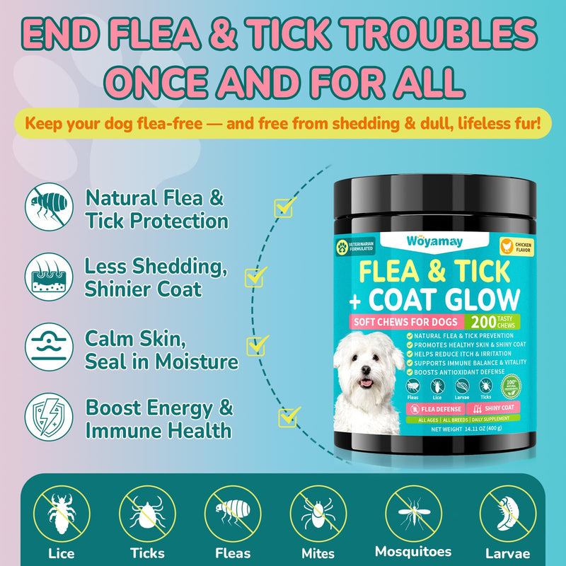 Woyamay Flea + Coat Glow Soft Chews, Natural Flea and Tick Prevention for Dogs, Dog Flea and Tick Treatment Chewable, Reduces Itch & Shedding with Fish Oil & Neem, Chicken Flavor