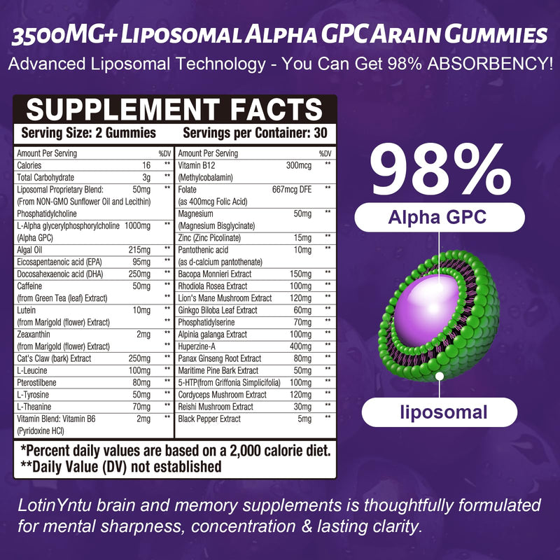 2 Pack 32 in 1 Liposomal 3500MG+ Alpha GPC Brain Focus Gummies,with Omega-3 DHA+EPA,Lutein Zeaxanthin and Caffeine etc for High Absorption for Focus & Memory Support, Immune Boost 60 Count (Pack of 2)