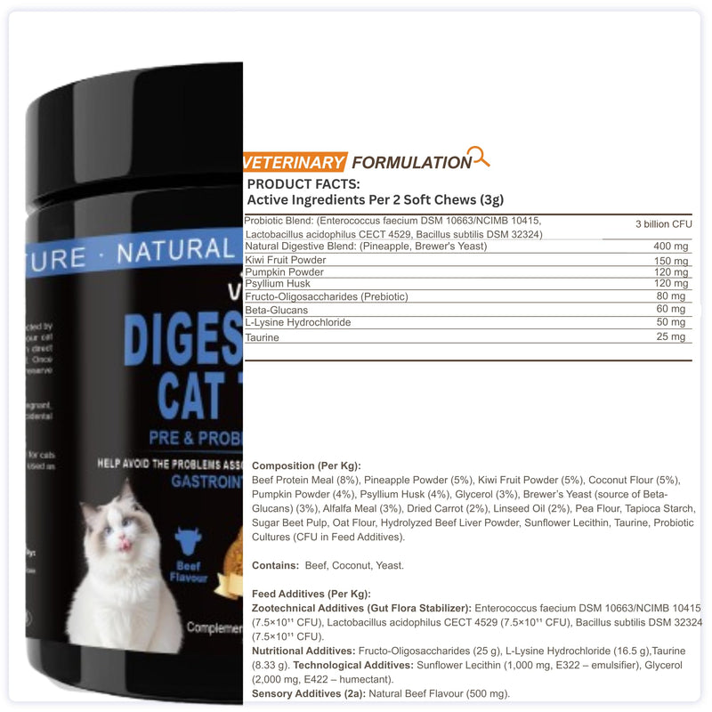 DigestiFibra Probiotics for Cats UK - Natural Digestive Care Chews with Prebiotic Fibre, Pumpkin for Gut Health, Firm Stools and Anal Gland Support (80 Count) 80 Count