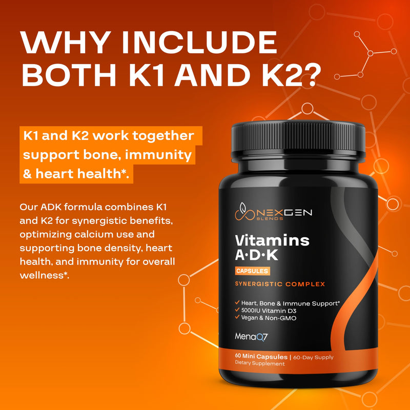 High Absorption ADK Vitamin Supplement - Vegan Vitamin D3 K2 MK7 & A for Calcium Regulation plus Bone Heart Thyroid & Immune Support - Vitamin ADK with 5000IU D3 Non GMO & Gluten Free (2 Months) 60 Count (Pack of 1)