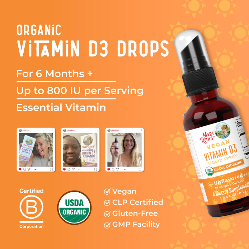 MaryRuth Organic Vitamin D Drops Spray, Adult & Kids Vitamin D, 30 Servings | USDA Organic, Sugar Free, Immune Support for Adults & Kids, Vegan, Gluten Free