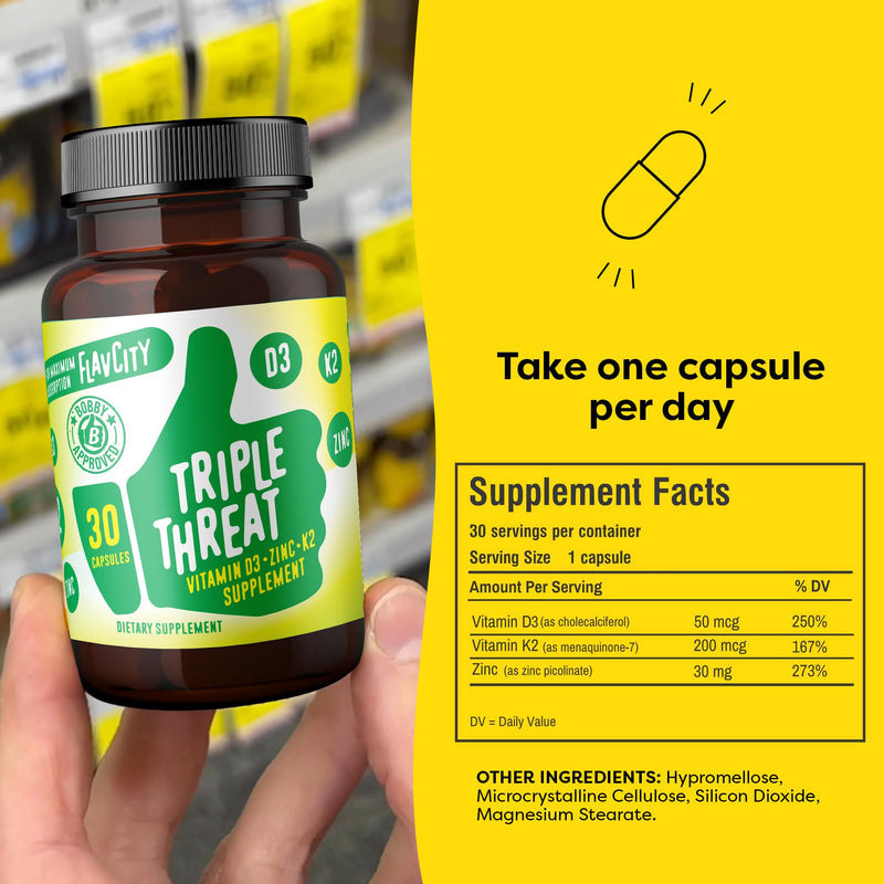 FlavCity Vitamin D3, K2 & Zinc - Triple Threat Supplement - Daily or Seasonal Immune Support - Vitamin D with K2 for Enhanced Absorption - Promote Healthy Bones & Skin (30 Capsules) Triple Threat Vitamin D
