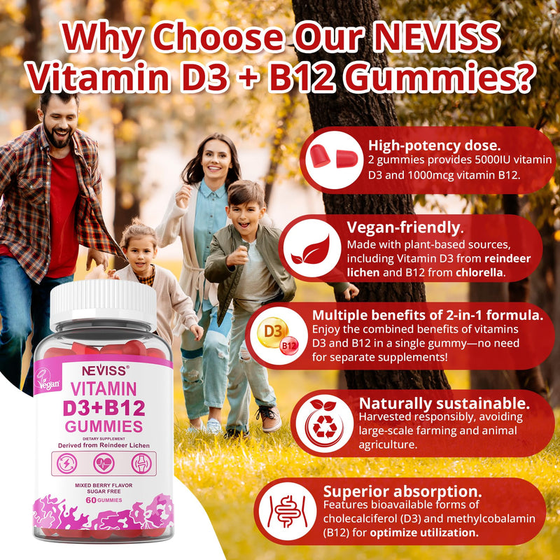 NEVISS Vegan Vitamin D3 5000IU + Vitamin B12 Gummies for Women Men, 60Ct | High Potency D3 5000IU & 1000 mcg Methylated B12, Vitamin D3 and B12 Supplement for Adults, Bone, Immune & Energy, Sugar Free 60 Count (Pack of 1)