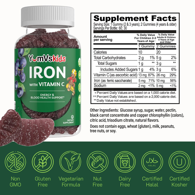 Iron Supplement for Kids – 5 mg Kids Gummies with Vitamin C – Great-Tasting Gummies Grape Flavor – Supports Immune Health & Helps with Iron Deficiency – Vegan, Kosher, Non-GMO – 60 Count