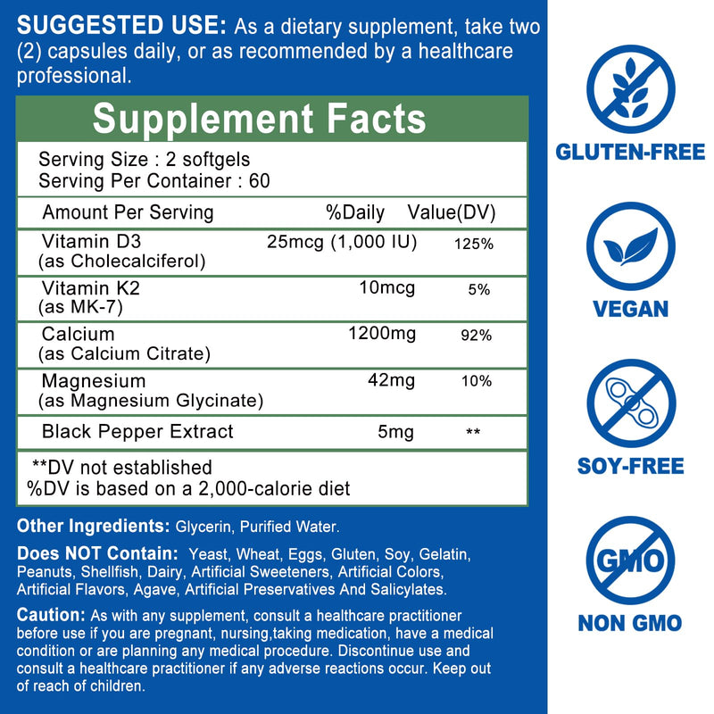 Calcium Supplements for Women - Calcium 1200 mg with Vitamin D3 & K2 - High Absorption Extra Strength Calcium Citrate for Bone Health, Strength, Density, Muscle, Heart Support - Slow Release, Non-GMO