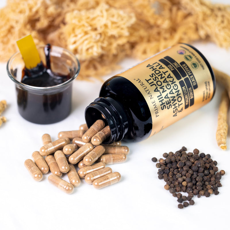 Shilajit 10,000mg, Irish Sea Moss 2000mg, Ashwagandha 3000mg, Tongkat Ali 30,000mg, Boron, Magnesium, PQQ & More | 60 Capsules - 30 Days Supply| Fulvic Acid Veg Capsules| Vegan| Gluten Free | Non-GMO - BeesActive Australia