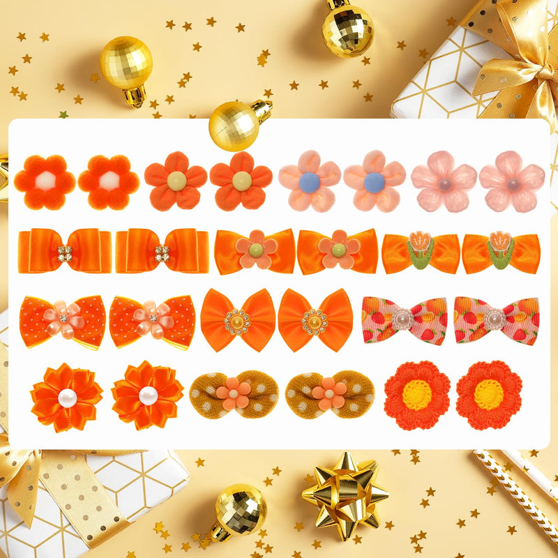 26 Pcs Orange Small Dog Hair Bows Cute Puppy Dog Bowknot Hair Bow Bulk with Rubber Bands Elastic Lace Rhinestone Pearls Hair Ties Mix Style Handmade Grooming Flower Topknot Ball Bows Accessories - BeesActive Australia