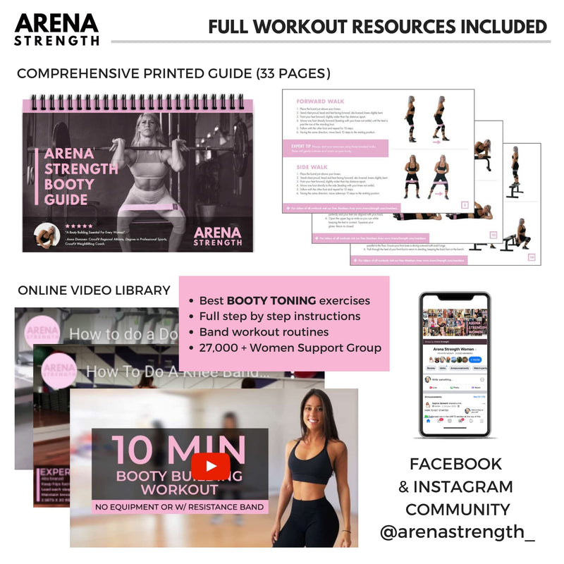 Arena Strength Fabric Booty Bands - Fabric Exercise Bands for Legs and Butt | Fabric Resistance Bands | Hip Resistance Bands with Workout Guide and Carry Case Gray, Pink, Black