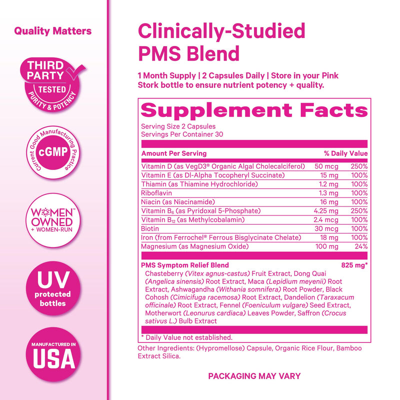 Pink Stork PMS Supplement for Women, Hormone Balance Support, 60 Count | Vitex, Ashwagandha, Maca Root, 10 Vitamins & Minerals, Support PMS Comfort, Mood, Bloating, Period Regularity