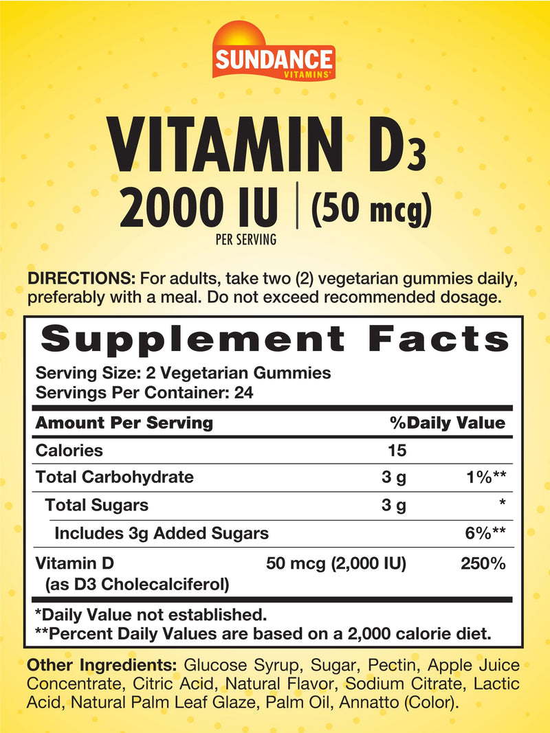 Sundance Vitamin D3 Gummies | 2000 IU | 48 Count | Pineapple Flavor | Vegetarian, Non-GMO, and Gluten Free Supplement