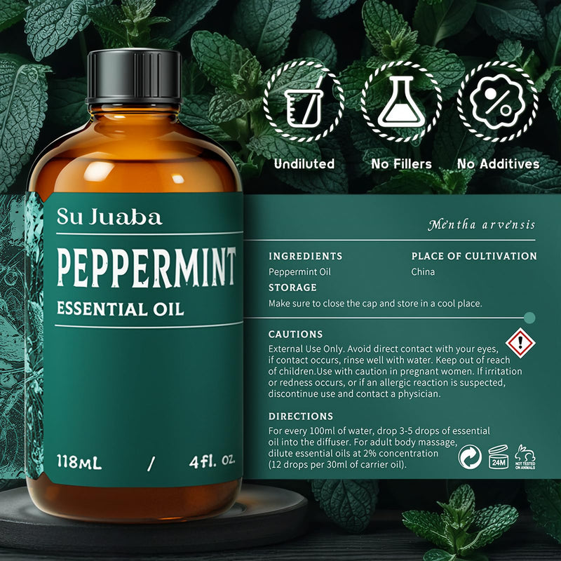 SU JUABA Peppermint Oil 4 Fl Oz, 100% Pure & Natural Aromatherapy Oil for Spray, Diffuser, Skin, Hair - 118ML - BeesActive Australia