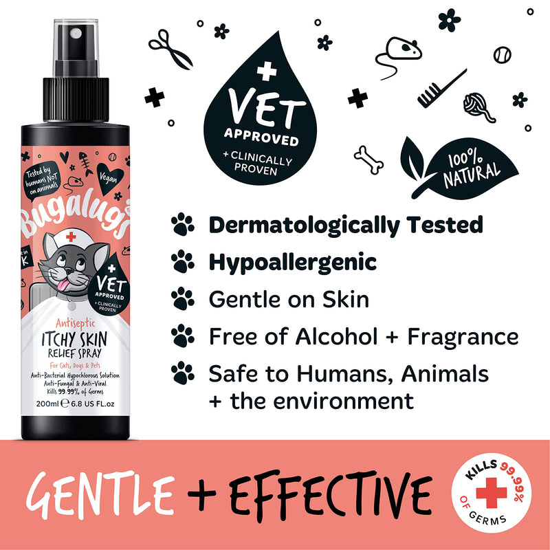 BUGALUGS Cat itchy skin relief Antiseptic spray 200ml, for kitten, cats & small animals - cat anti scratch cat spray is Antibacterial, Antifungal & Antiviral use for cat acne