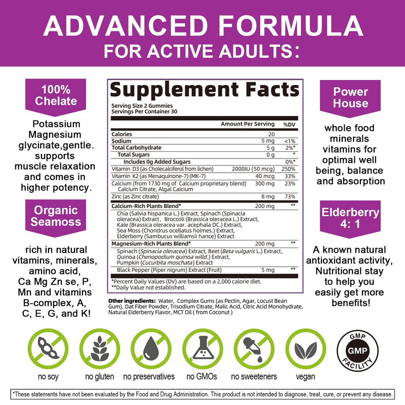 Plant Based Calcium Supplement with Vitamin D3,K2 Gummy for Bone Strength, Contains Whole Food Natural Minerals-Bone Health, Calm Mood & Sleep Support for Women & Men (2 Pack)