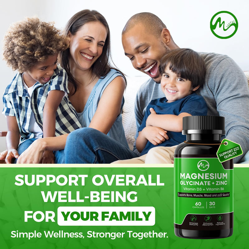Magnesium Glycinate Capsules, Magnesium Glycinate Supplement with Zinc, Vitamin D3 & B6 - Promotes Nerve, Bowel, Relaxation Function - 60 Vegan Capsules 60 Count (Pack of 1)
