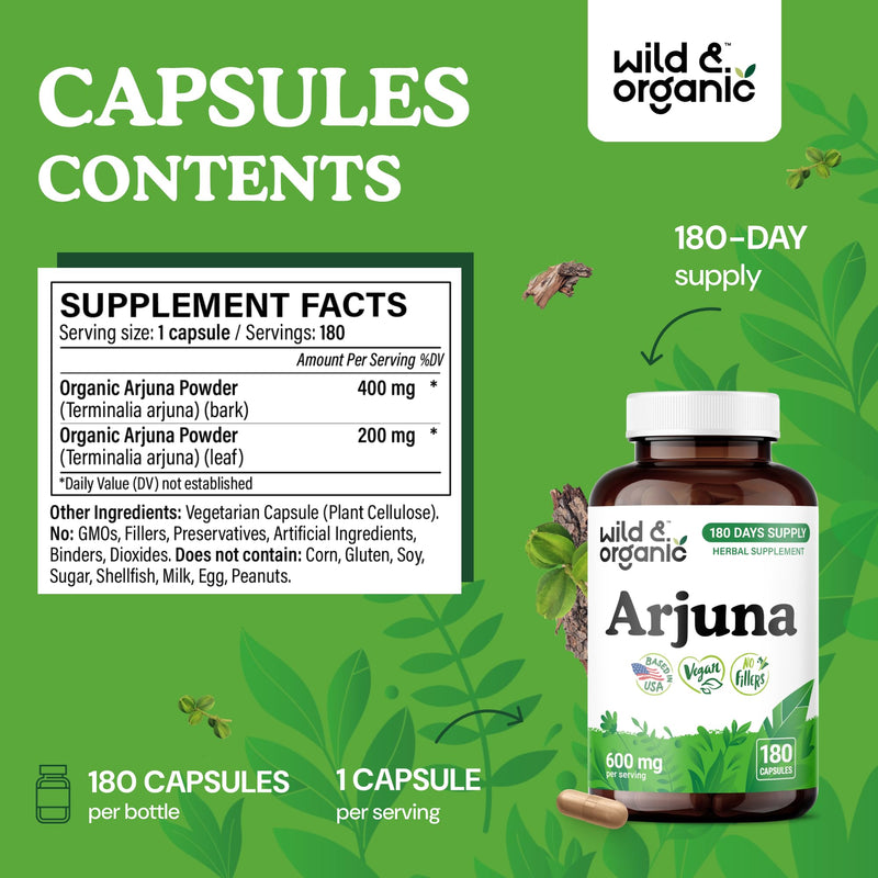 Wild & Organic Arjuna Bark Capsules - Overall Support - Arjuna Powder Supplement - 180 Herbal Capsules - 6-Month Supply - Terminalia Bark & Leaf Extract - Vegan, No Fillers, Non-GMO - BeesActive Australia