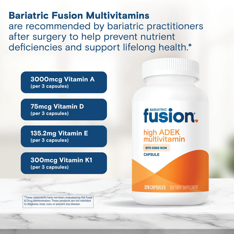 Bariatric Fusion High ADEK Multivitamin Capsule with 45mg Iron | Multi for Duodenal Switch Surgery Patients | Easy to Swallow Vitamin | 270 Capsules | 3 Month Supply