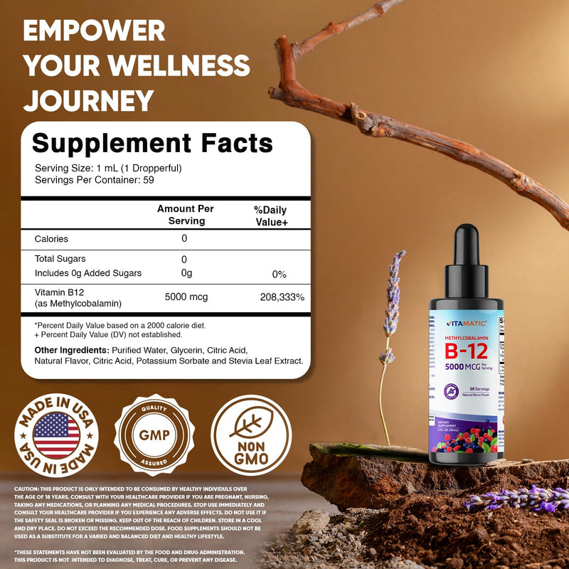 Vitamatic 2 Packs Fast Acting Liquid Vitamin B12 5000 mcg (Methylcobalamin) - Natural Berry Flavor - Sublingual Supplement - Faster Absorption - 2 OZ