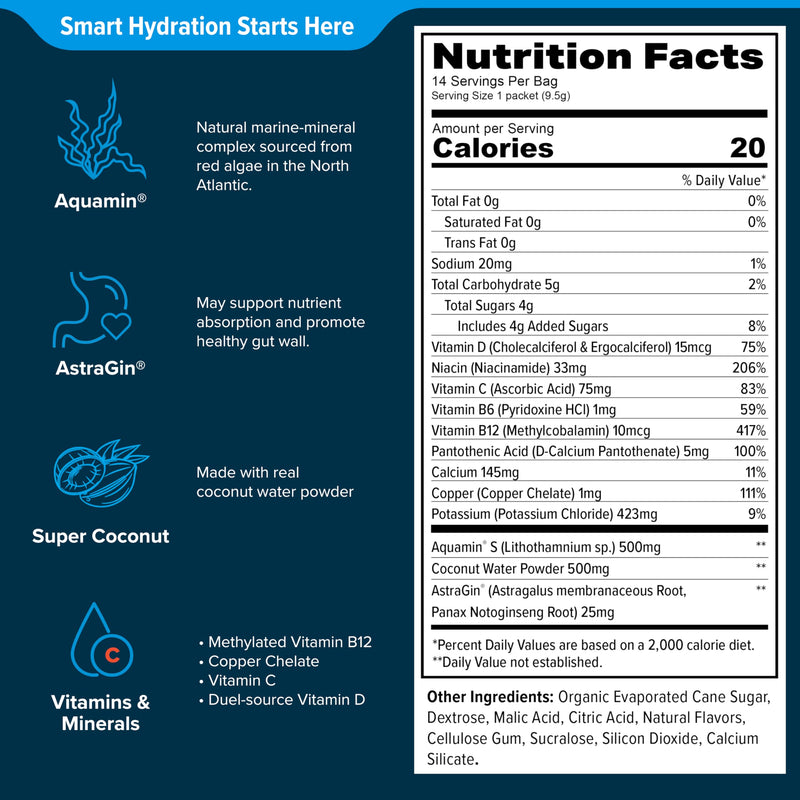 Low Sodium Electrolyte Powder Packets - Marine-Mineral Hydration Mix with Vitamins B, C, D | No Salty Aftertaste | 14 Orange Cream Sticks | Vegan, Non-GMO, Gluten Free 4.76 Ounce (Pack of 1)