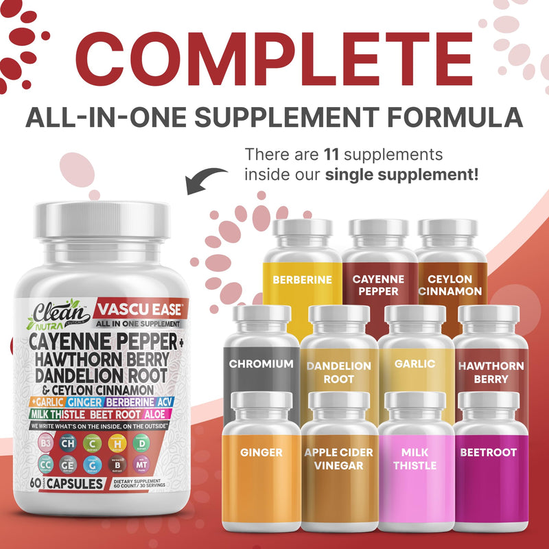 Clean Nutra Cayenne Pepper Capsules Supplement with Hawthorn Berry, Dandelion Root, Ceylon Cinnamon, Garlic, Ginger, Berberine, Apple Cider Vinegar, Milk Thistle, Beet Root, Aloe Vera Pills & More - BeesActive Australia