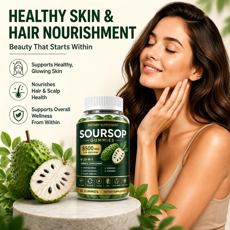 Soursop Gummies with Graviola Leaf Extract, Vitamin C & Zinc - Immune Support, Antioxidant & Calming Relief - Non-GMO, Sugar Free, Gluten Free, Vegan, 60 Count