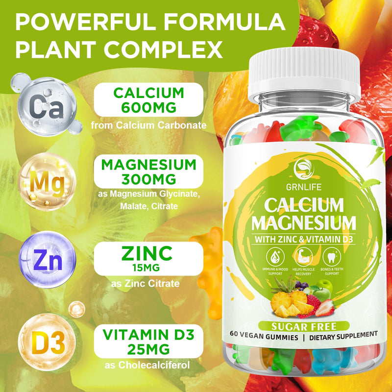Calcium Magnesium Zinc Supplement with Vitamin D3, Sugar Free Calcium Gummies for Women Men, High Potency Magnesium Gummies for Bone & Muscle & Immune Health, Mixed Flavors - 60 Count Mixed Fruit 60 Count (Pack of 1)