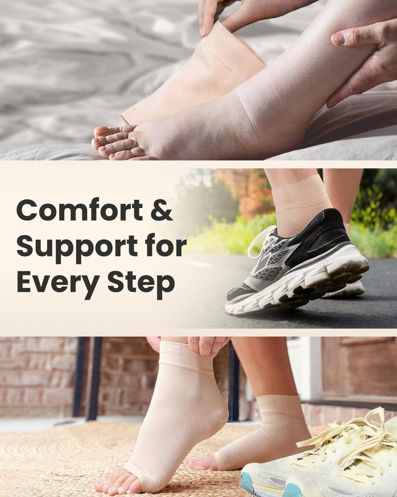 KEMFORD Ankle Compression Sleeve - 1-Pair, Plantar Fasciitis Braces - Open Toe Compression Socks for Swelling, Sprain, Neuropathy, Arch Support for Men and Women X-Large Beige / 15-20mmHg / 1 Pair - BeesActive Australia