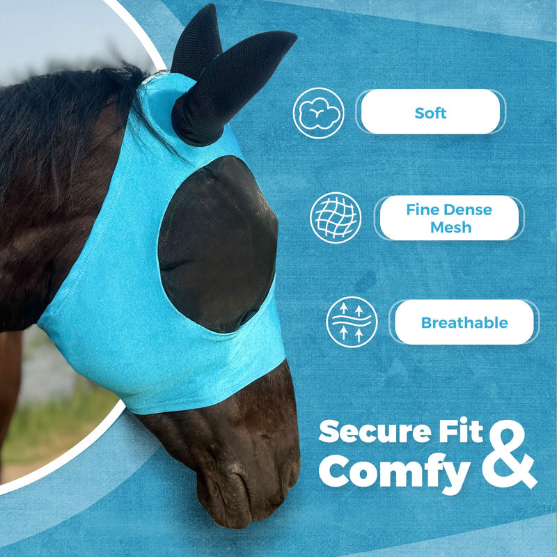 Azure Blue Menjo Outdoors Elastic Horse Fly Mask with Ears, Cobs/Arabians/Small Headed Horses Azure Blue - BeesActive Australia