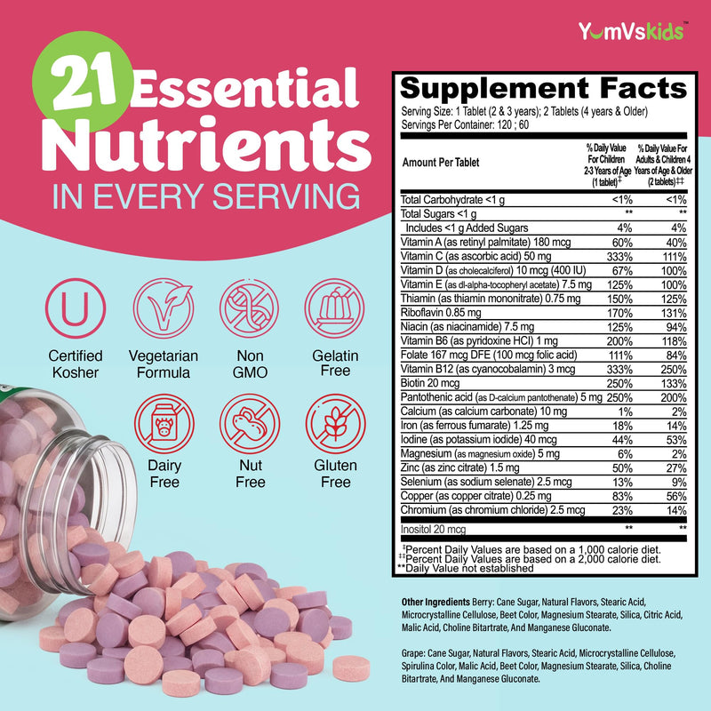 YUM-V'S Kids Multivitamin with Iron - Kids Chewable Multivitamin - Vitamins + Iron Supplement - Toddler Vitamins for 2 Year Old+, Kosher, Halal, Gluten Free 120 (Pack of 2 120 Count (Pack of 2)